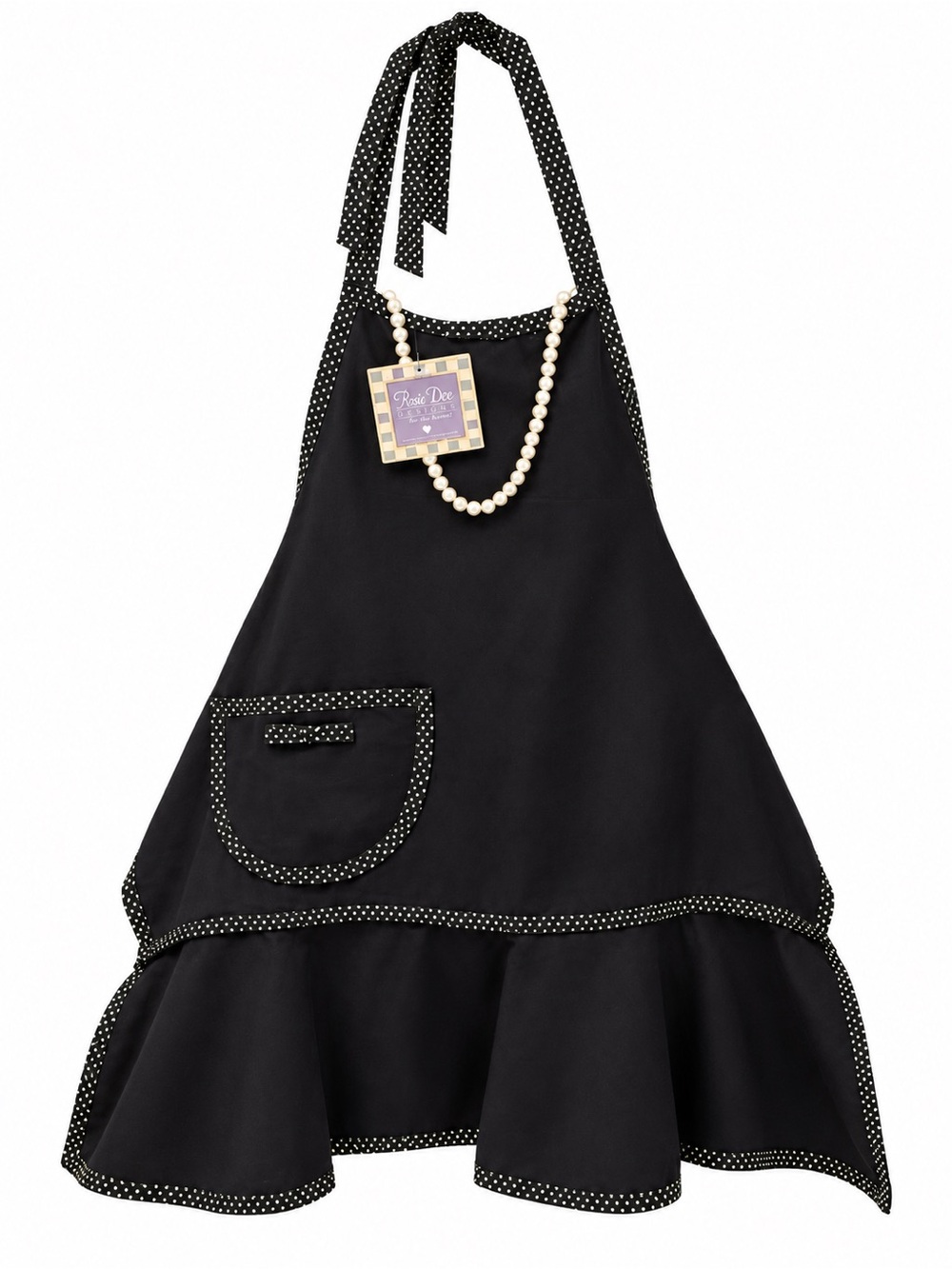 Womenβs Black Polka Trim Detachable Pearl Necklace Kitchen Apron One Size